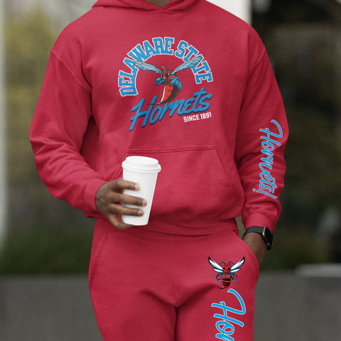 Delaware State Hornets Sweatsuit (Red) - (Hoodie + Sweatpants)