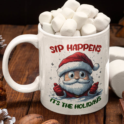 Sip Happens Santa 12 oz Ceramic Mug - Washable, Microwavable