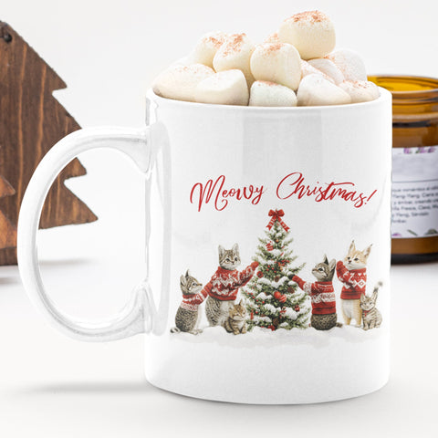 Meowy Christmas 12 oz Ceramic Mug - Washable, Microwavable
